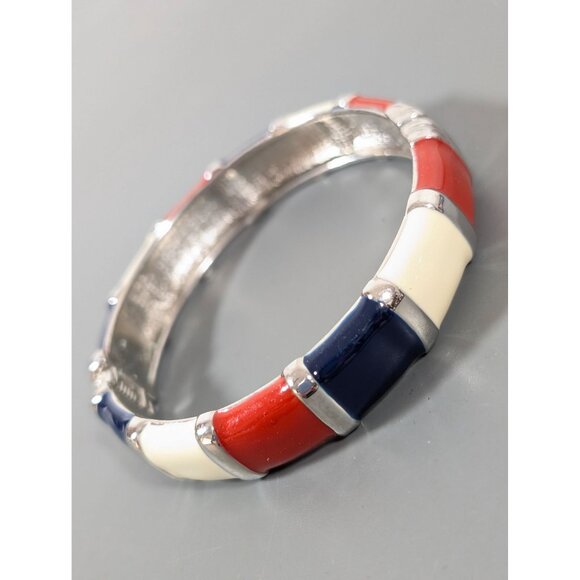 Red White Blue Enamel Stripe Hinge Bangle Bracelet 7.5" Silver Tone - Picture 2 of 7